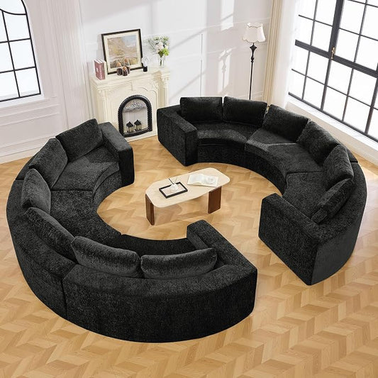 WUTUTUEE 142'' Curved Round Boneless Couch, Oversized Circular Sofa with Deep Seat & Arms, Chenille Modular Sectional Sofa with Pillows, Upholstered Comfy 12 Seat Couch for Living Room, Black