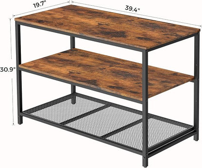 Homleke 39.4" L Kitchen Island with 3 Shelves, Kitchen Shelf with Large Workstation, Bakers Rack, Workbench, Metal Frame, Rustic Brown and Black
