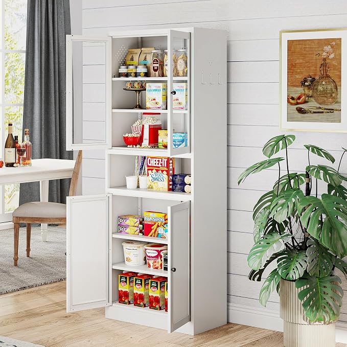 Kitchen Pantry Cabinet, 72" H Storage Cabinet with Glass Doors and Adjustable Shelves, Spacious Cupboard with 2 Handles, Metal Kitchen Cabinet for Dining Room, Living Room, White