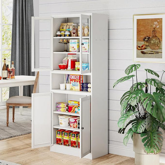 Kitchen Pantry Cabinet, 72" H Storage Cabinet with Glass Doors and Adjustable Shelves, Spacious Cupboard with 2 Handles, Metal Kitchen Cabinet for Dining Room, Living Room, White