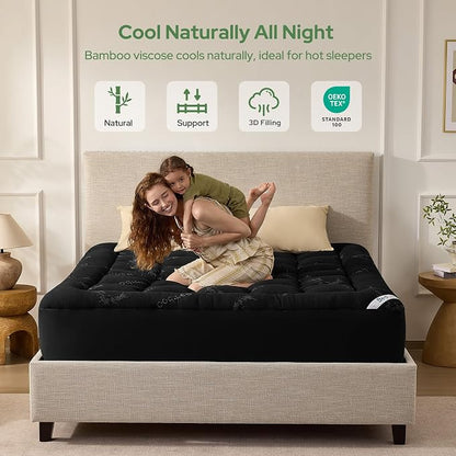 BEDLORE King Mattress Topper Viscose Derived from Bamboo, Thick Pillow Top Mattress Pad with Stretchable Pockets for 6"-18" Mattress, Soft Breathable Mattress Topper for Back Pain Relief(Black)