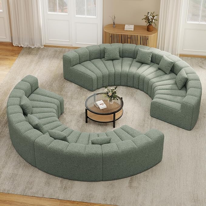 Oversized Curved Sofa, 8 Seater Modular Velvet Cloud Couch, Modern Boneless Sectional Couches for Living Room, No Assembly Required, Light Green 1PC