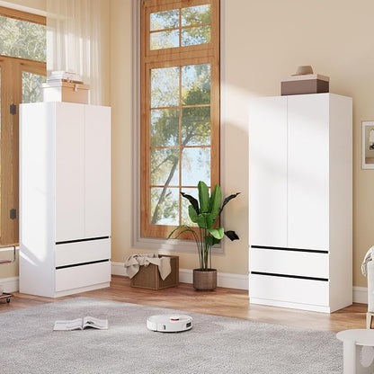 Armoire Wardrobe Closet with Drawers：75" Large White Wardrobe Closet Cabinet with 4 Doors for Hanging Clothes, Modern Wooden Bedroom Armoires with 4 Drawers and Storage (A+A, 63")