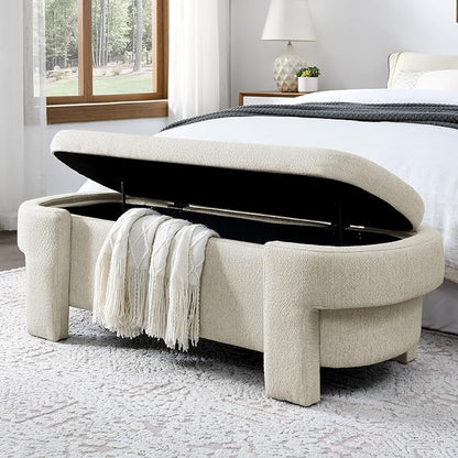 51.5" Oval Storage Bench End of Bed Storage Benches Linen Fabric Upholstered Ottoman Bench with Large Storage Space for Living Room Entryway Bedroom Hallway (Beige, 51.5 inch)