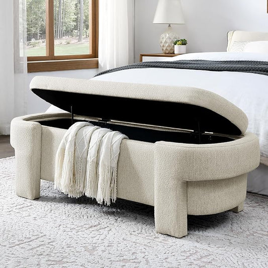 51.5" Oval Storage Bench End of Bed Storage Benches Linen Fabric Upholstered Ottoman Bench with Large Storage Space for Living Room Entryway Bedroom Hallway (Beige, 51.5 inch)