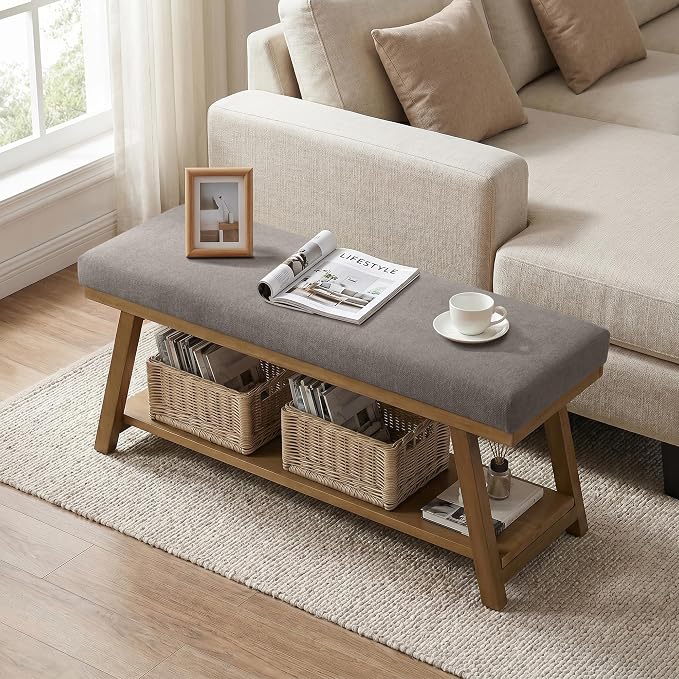 Zihanhome 45" Entryway Bench Upholstered Storage Bench for Bedroom Shoe Rack Bench for Living Room, Hallway, Mudroom, Balcony, Sturdy Indoor Bench Seat Holds Up to 300 lbs (Grey)
