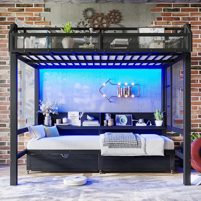Ball & Cast Twin Over Twin Metal Bunk Bed with Storage, Black | Shelves, Drawers, USB Ports, LED Lights, Converts to Sofa for Kids, Guardrails and Ladders, No Box Spring Required, Teens