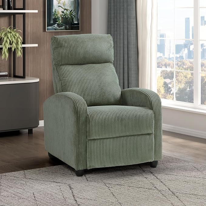 Lexicon Corduroy Pushback Recliner Chair Armchair Push Back Recliner, Solid Wood Frame and Metal Seat Base, Soft Single Sofa Accent Chair for Living Room/Office/Apartment, Easy Assembly, Green