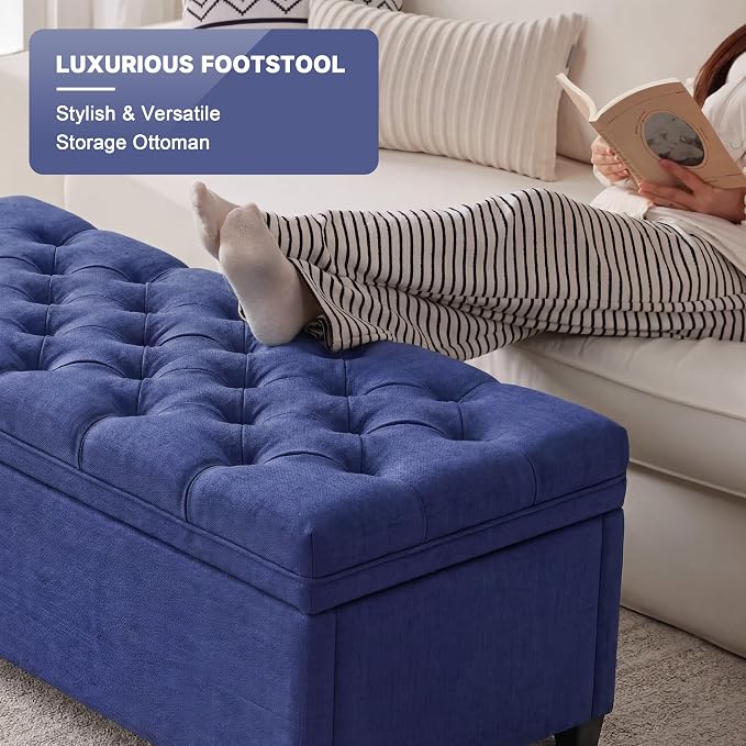 Mangodan Storage Ottoman Bench, Tufted Ottoman with Storage for Living Room, Large End of Bed Ottomans, Modern Entryway Benchs (Blue, 43 Inch)