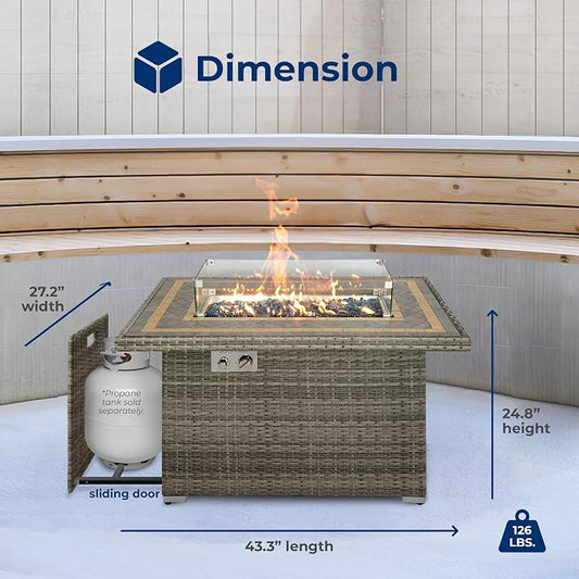 SereneLife Outdoor Propane Fire Pit Table, 50,000 BTU Wicker Gas Firepit with Tile Tabletop, with Glass Wind Guard and Decorative Glass Stones, CSA Certified, Weatherproof Cover, 43"x27"x25"