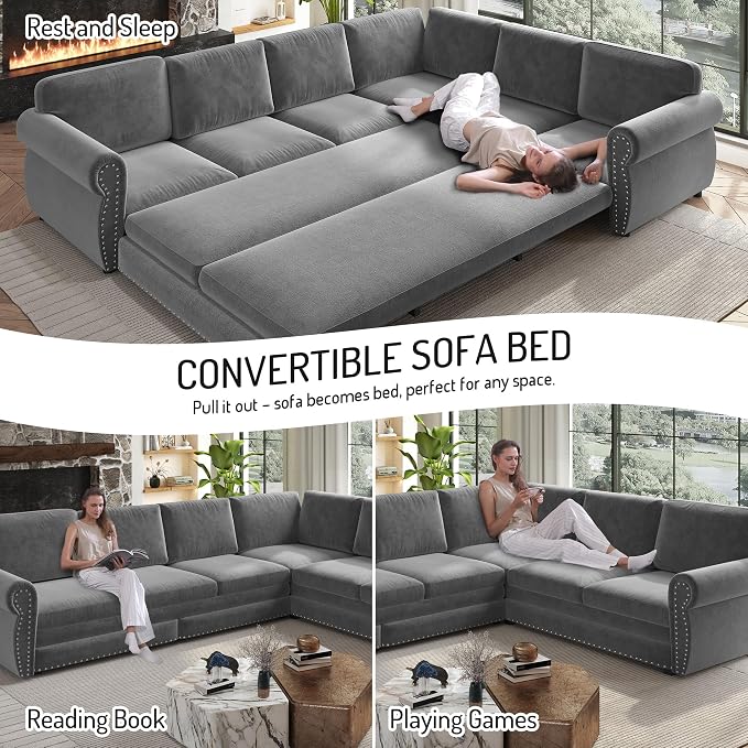 118" L-Shaped Sleeper Couch Bed - Oversize Convertible with Pull-Out Sofa Bed, Button Tufted Chesterfield Sofa, Chenille Sectional Vintage Couches for Living Room/Apartment(6-Seater, Light Grey) | Oversize Convertible