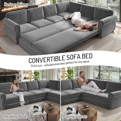 118" L-Shaped Sleeper Couch Bed - Oversize Convertible with Pull-Out Sofa Bed, Button Tufted Chesterfield Sofa, Chenille Sectional Vintage Couches for Living Room/Apartment(6-Seater, Light Grey) | Oversize Convertible