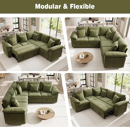 Ihanherry 86" Modular Sectional Sofa with Pull Out Bed, 5-Seater L Shaped Sectional Sleeper Couch with Storage, Chenille Convertible Couches for Living Room, Apartment (Green)