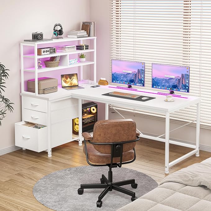 DurayLoly 55''White Desk with 3 Fabric Drawers & Shelf, Remote LED Power Outlet for Bedroom