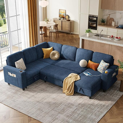 LINSY HOME Sectional Sofa with Pull Out Bed, 6 Seats Corduroy Reversible Sleeper Sofa with Storage Seats & Chaises, USB Ports, Cup Holders, Side Pocket, Sectional Couches for Living Room, Blue