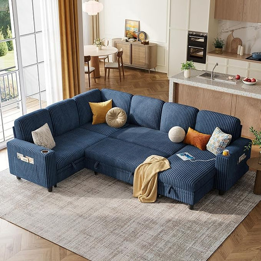 LINSY HOME Sectional Sofa with Pull Out Bed, 6 Seats Corduroy Reversible Sleeper Sofa with Storage Seats & Chaises, USB Ports, Cup Holders, Side Pocket, Sectional Couches for Living Room, Blue