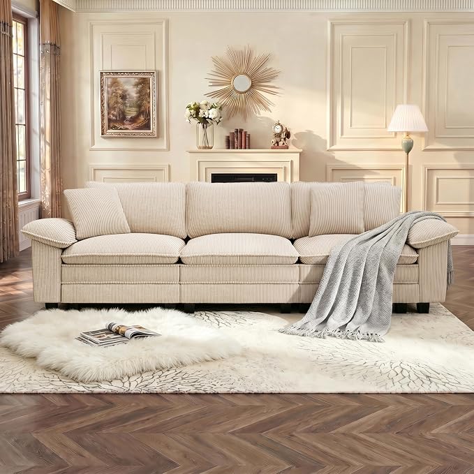 PHI VILLA Modern Modular Couches Sets, 123.6" Cloud Sectional Sofa with Upholstered Deep Seat, 3-Seater Couch for Living Room Small Spaces, Corduroy Fabric, Beige