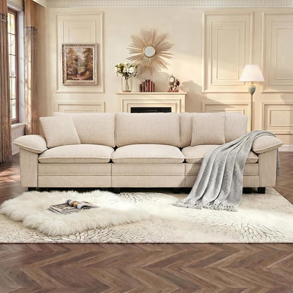 PHI VILLA Modern Modular Couches Sets, 123.6" Cloud Sectional Sofa with Upholstered Deep Seat, 3-Seater Couch for Living Room Small Spaces, Corduroy Fabric, Beige