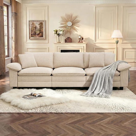 PHI VILLA Modern Modular Couches Sets, 123.6" Cloud Sectional Sofa with Upholstered Deep Seat, 3-Seater Couch for Living Room Small Spaces, Corduroy Fabric, Beige