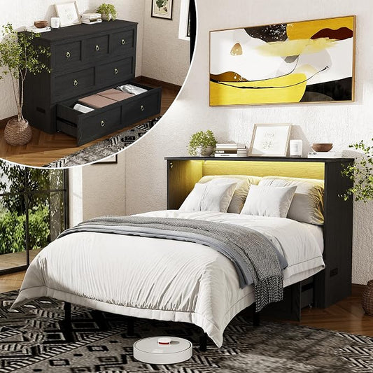 Ihanherry Full Murphy Bed with Storage Drawer, Farmhouse Cabinet Bed with LED Lights & Charging Station, Space Saving Wall Bed for Small Bedroom/Home Office, Noise Free & Easy Assembly, Rustic Black