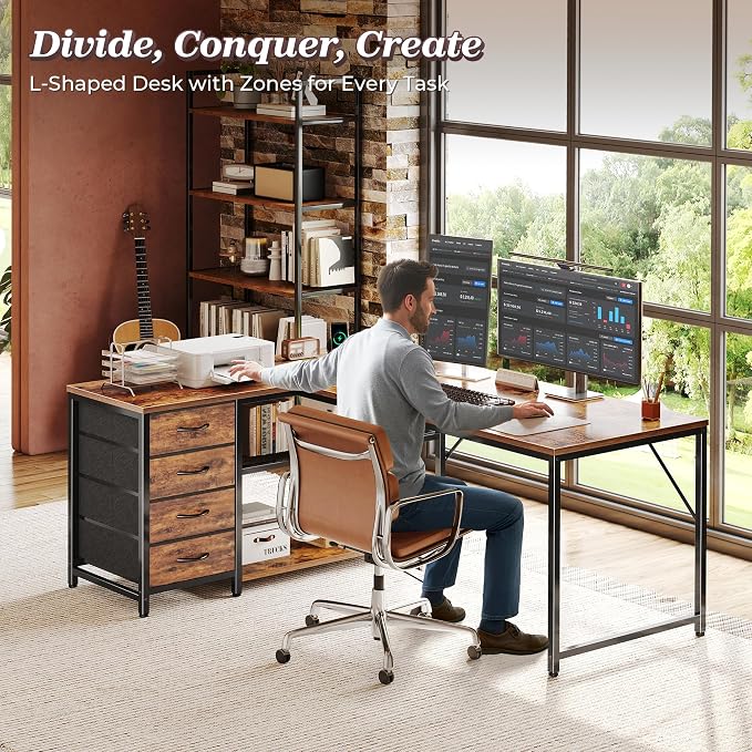 PRAISUN 53" L Shaped Desk with Power Outlets & USB-C Port, Reversible Computer Corner Office Desk with 4 Fabric Drawers and 2 Storage Shelves, Large Desk for Gaming Writing Work Study, Rustic Brown
