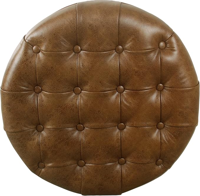 HomePop 25" Button Tufted Round Storage Ottoman - Brown Faux Leather