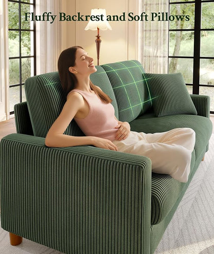Welzona 70.2" Couches for living room, Comfy U Shaped Couch Green 7.1" Thicker Cushion, Sofas for Living Room Tool-Free Setup, Loveseat with Ottoman 7058lbs Support, Corduroy Couch for Bedroom, Office
