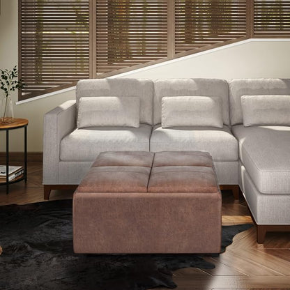 SIMPLIHOME Avalon Wide Contemporary Square Coffee Table Storage Ottoman, Distressed Umber Brown, Table Ottoman