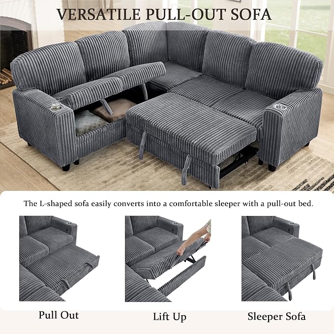 Sectional Sleeper Sofa with Pull Out Bed, Plush Corduroy L Shaped Corner Couch with Storage, USB Ports, Cup Holders, Comfy Sectional Couches for Living Room, Grey