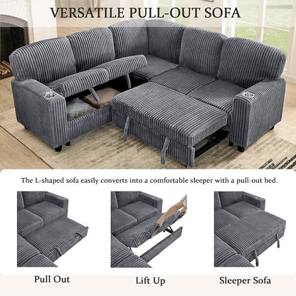Sectional Sleeper Sofa with Pull Out Bed, Plush Corduroy L Shaped Corner Couch with Storage, USB Ports, Cup Holders, Comfy Sectional Couches for Living Room, Grey