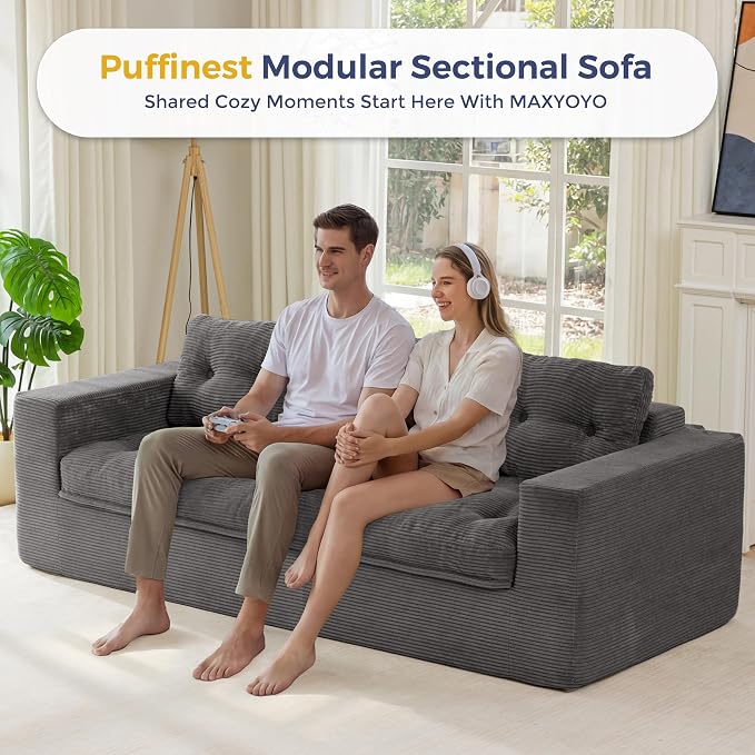 MAXYOYO 79" Loveseat Sofa Couch for Small Spaces, Boneless Upholstered Cloud Couch for Apartment Bedroom, 3-Seater Love Seat Floor Modern Sofa with Pillows, No Assembly Required, Dark Grey