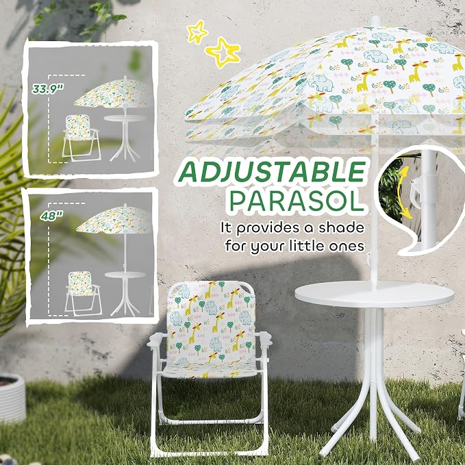 Qaba Kids Picnic Table and Chair Set, Outdoor Activity Table with Foldable Chairs, Removable Umbrella, Elephant and Giraffe Pattern Toddler Patio Furniture for Backyard, Garden, White