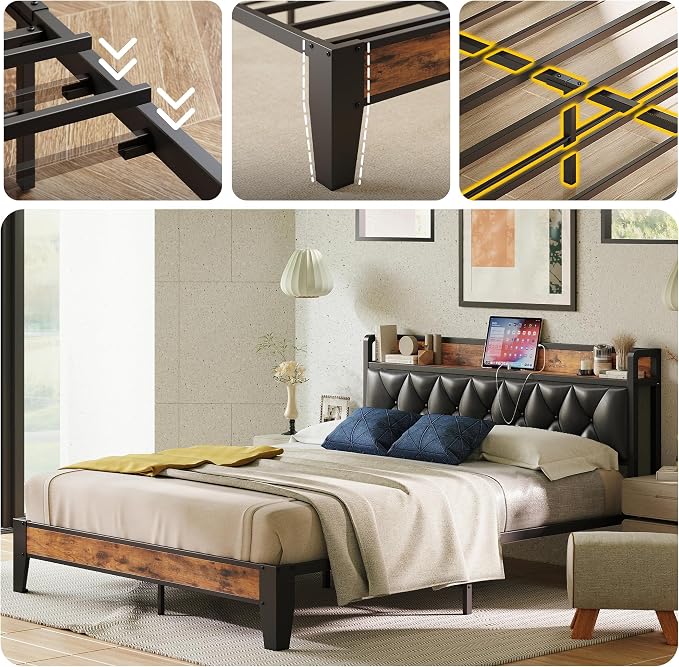 ANCTOR Full Bed Frame, Storage Headboard with Outlets, Easy to Install, Sturdy and Stable, No Noise, No Box Springs Needed, Rustic Brown and Black
