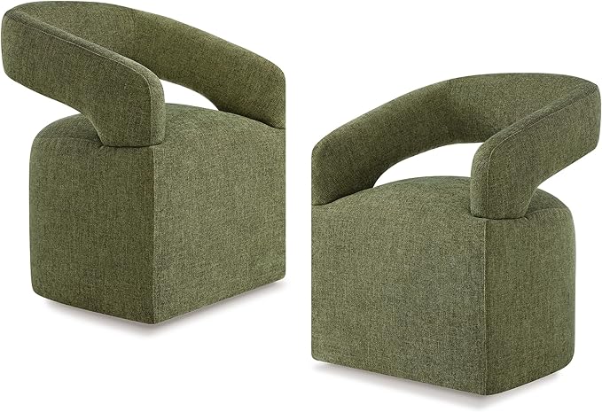 KISLOT Upholstered Dining Chairs Set of 2, Modern Rolling Dining Chairs with Hidden Casters, Arm Kitchen Chairs with Linen Look Fabric, Padded Barrel Chairs for Dining Room, Kitchen, Bedroom, Green