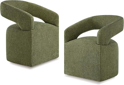 KISLOT Upholstered Dining Chairs Set of 2, Modern Rolling Dining Chairs with Hidden Casters, Arm Kitchen Chairs with Linen Look Fabric, Padded Barrel Chairs for Dining Room, Kitchen, Bedroom, Green