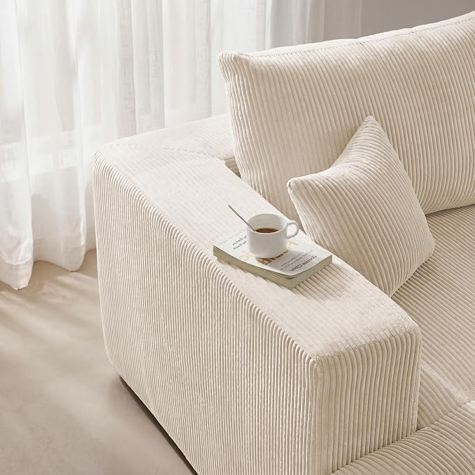 Modular Sectional Sofa Bed with Chaise, 115" Memory Foam Cloud Couch, Boneless Corduroy Upholstered Floor Couch, No Assembly Required Living Room Furniture for Apartment Home, Beige