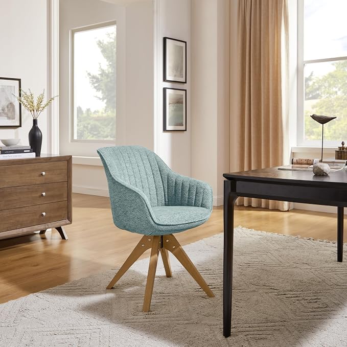 Art Leon Desk Chair No Wheels - Mid Century Modern Office Chair, Swivel Accent Chair with Oak Wood Legs, Fabric Upholstered Arm Chair, Light Blue