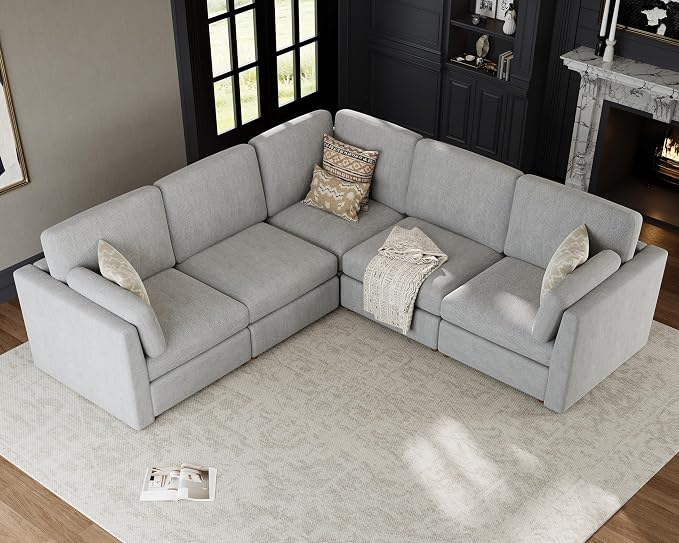 Oversized Modular Sectional Sofa V-Shaped Cloud Couches Gray | 109'' Deep Seat Couch for Living Room, 5-Seater Luxury Comfortable Corner sofa, Solid Wood Frame, Removable Washable Cover