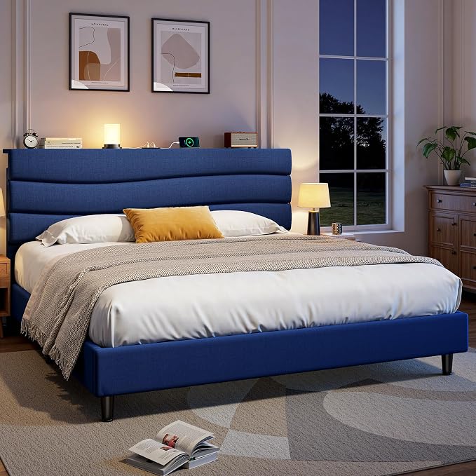 EnHomee King Bed Frame with Upholstered Headboard, Navy Blue | Adjustable Height , Charging Station, No Box Spring Needed, Noise-Free,Easy Assembly