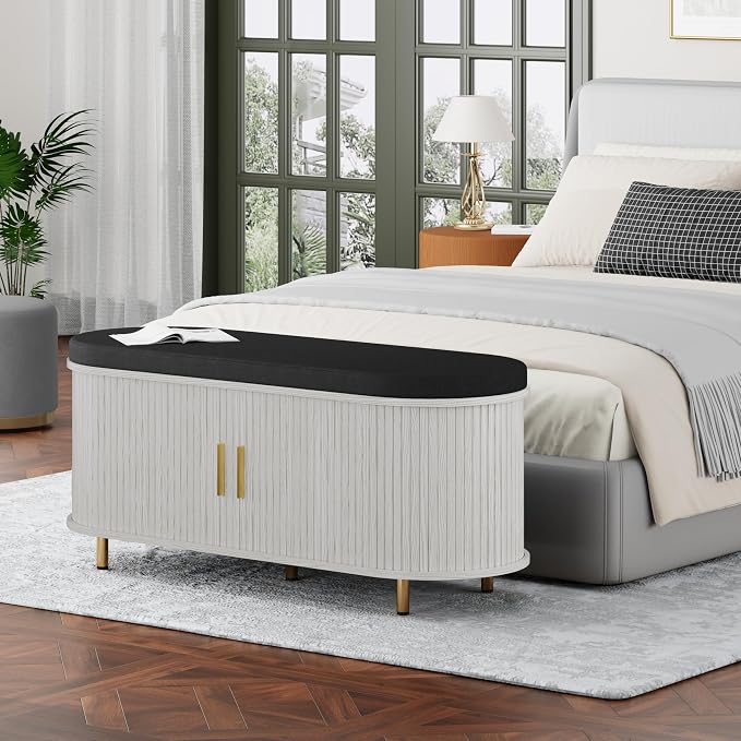 DHH 2-Tier Storage Bench,Wide Shoe Bench with Thickened Padded Seat Cushion, Mid Century Modern Fluted Sliding Door and Adjustable Shelf, for Entryway, Living Room, Bedroom (Grayish White, 43.3“)
