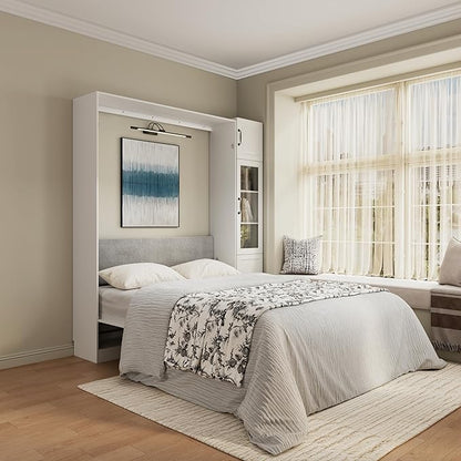 Bobve Farmhouse Murphy Bed Queen, 85" Wall Bed Folds to Save Space,Concealed Bed Frame with 1 Glass Storage Cabinet and Wall Mounted Features for Apartment/Office/Guest Room