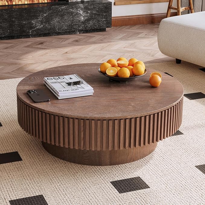 39'' Round Coffee Table with Storage, Modern Wooden Coffee Table with Solid Wood Veneered, Circle Center Table Accent Tea Table for Living Room Apartment Walnut
