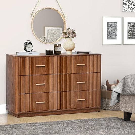 Fluted Double Dresser for Bedroom with 6 Drawers, 47" Wide Modern Chest of Drawers with Curved Profile Design, Wood Closet Clothes Storage Organizer Dresser TV Stand for Living Room, Hallway, Walnut