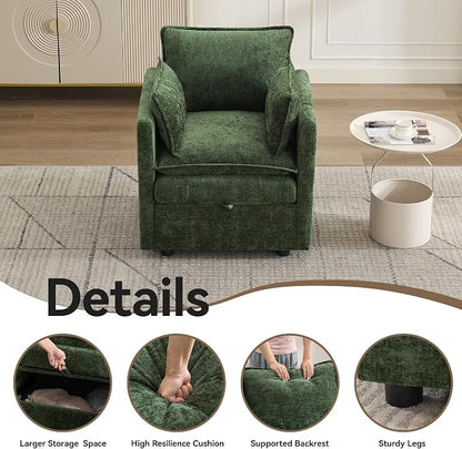 30" Cloud Modular Single Sofa Chair with Storage, Modern Upholstered Accent Chair Deep Seat, Chenille Reading Lounge Armchair for Living Room, Bedroom, Small Space, Green