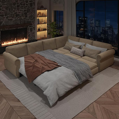 118" L-Shaped Sleeper Couch Bed - Oversize Convertible with Pull-Out Sofa Bed, Button Tufted Chesterfield Sofa, Chenille Sectional Vintage Couches for Living Room/Apartment(6-Seater, Camel) | Oversize Convertible
