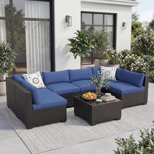 7 PCS Outdoor Sectional Furniture Set, Wicker Conversation Set Sofa, Black | Freely combinable outdoor conversation sofa Weather resistant rattan wicker furniture Easy clean