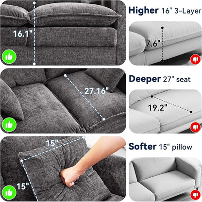 L-Shape Loveseat Sofa Couch with Ottoman, Small 50" Love Seat 27" Deep Cloud Sofa Washable Chenille Pillow for Apartment Bedroom Dorm Attic Studio Office Living Room Small Space 8833-GREY-L