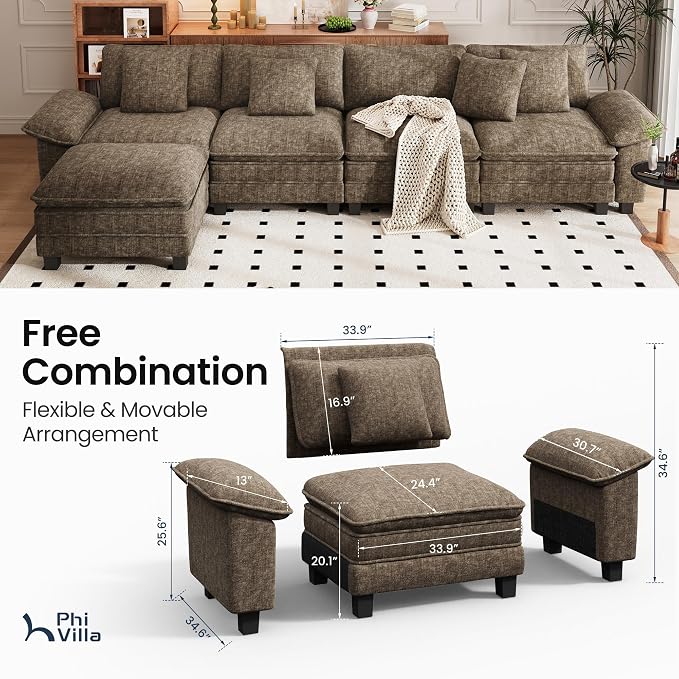 PHI VILLA Cloud Modular Couch Sets, 157.5" Oversized Sectional Sofa with L-Shaped Chaise, 5-Seater Upholstered Couches with Movable Ottoman for Living Room, Chenille Grayish Brown