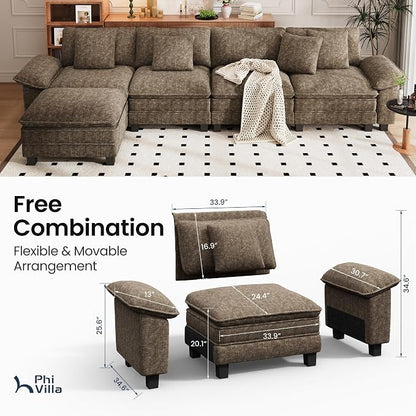 PHI VILLA Cloud Modular Couch Sets, 157.5" Oversized Sectional Sofa with L-Shaped Chaise, 5-Seater Upholstered Couches with Movable Ottoman for Living Room, Chenille Grayish Brown