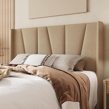 Allewie Queen Size Platform Bed Frame with Geometric Wingback Headboard, Boho Upholstered Bed with Wooden Slats Support, No Box Spring Needed, Easy Assembly, Beige